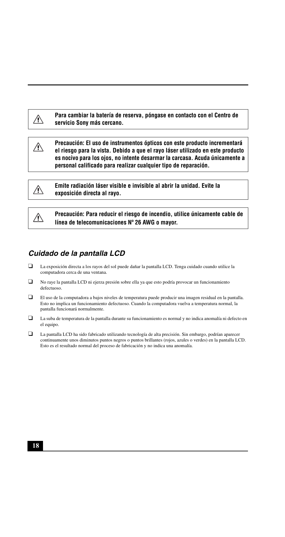 Cuidado de la pantalla lcd | Sony VGN-C190PB User Manual | Page 18 / 20