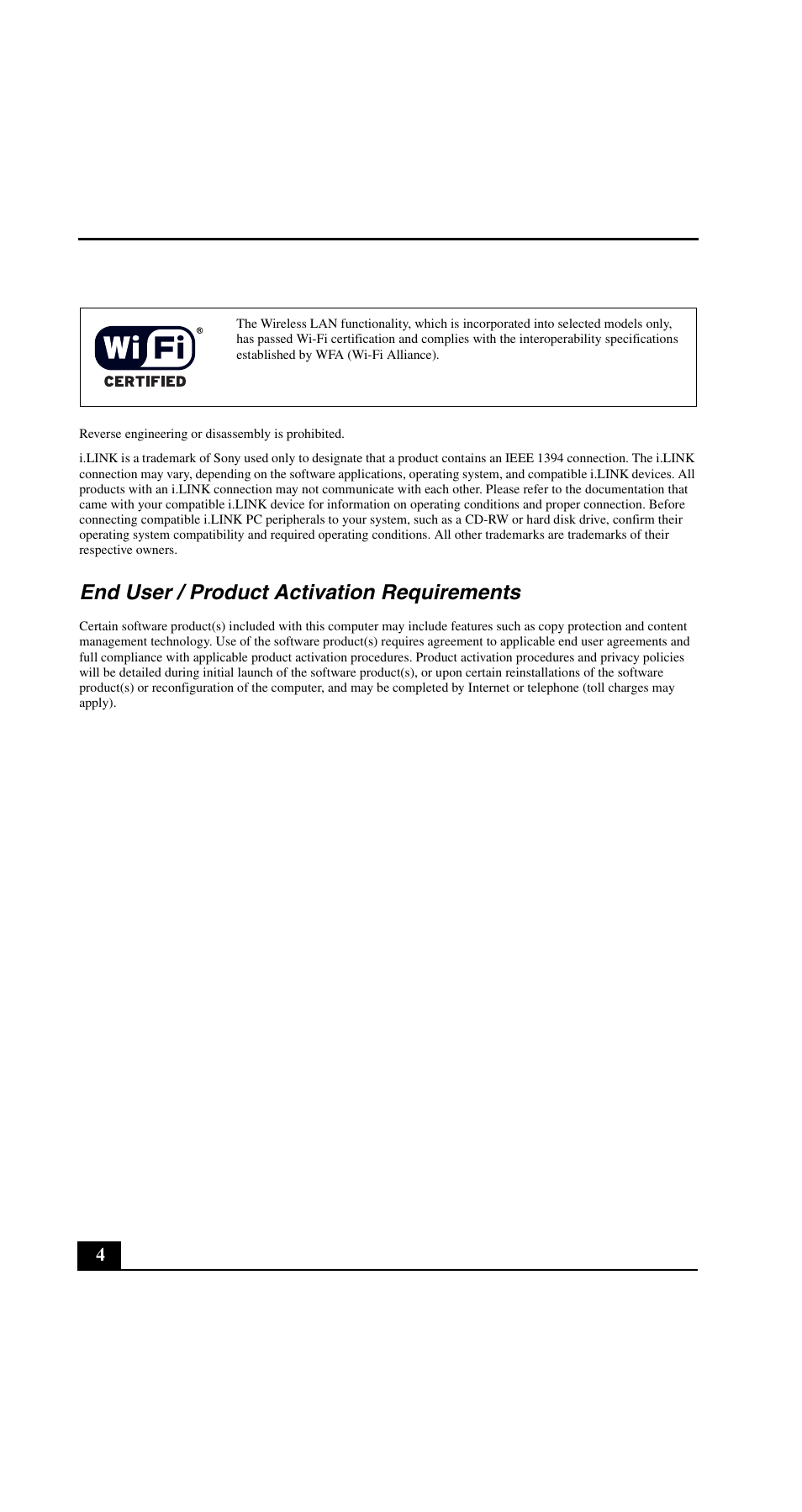 End user / product activation requirements | Sony VGN-C190PB User Manual | Page 4 / 20