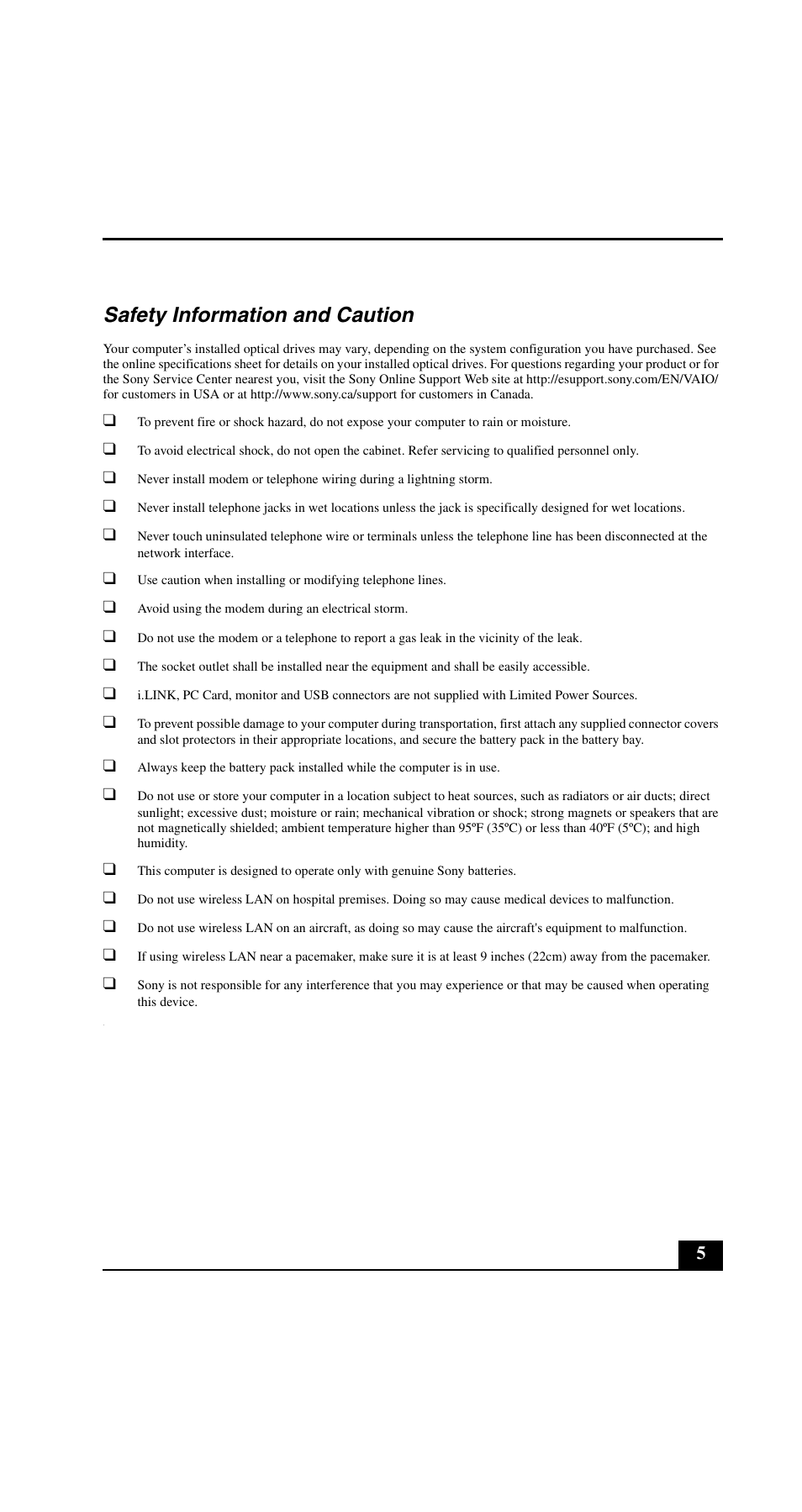 Safety information and caution | Sony VGN-C190PB User Manual | Page 5 / 20
