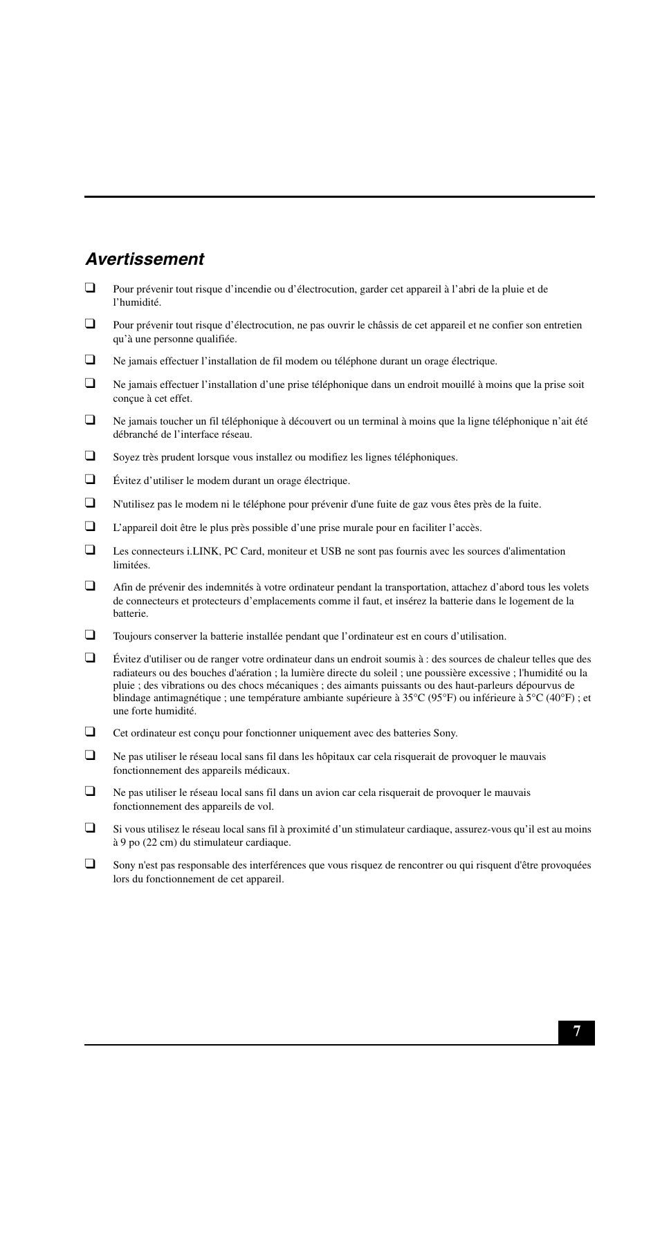 Avertissement | Sony VGN-C190PB User Manual | Page 7 / 20