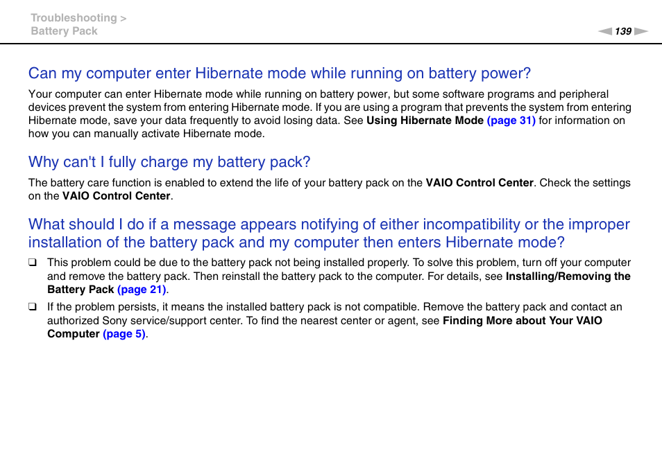 Why can't i fully charge my battery pack | Sony VPCF221FX User Manual | Page 139 / 176