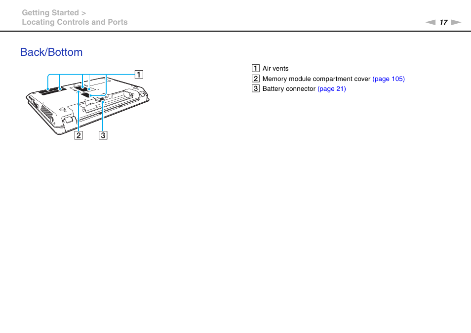 Back/bottom | Sony VPCF221FX User Manual | Page 17 / 176