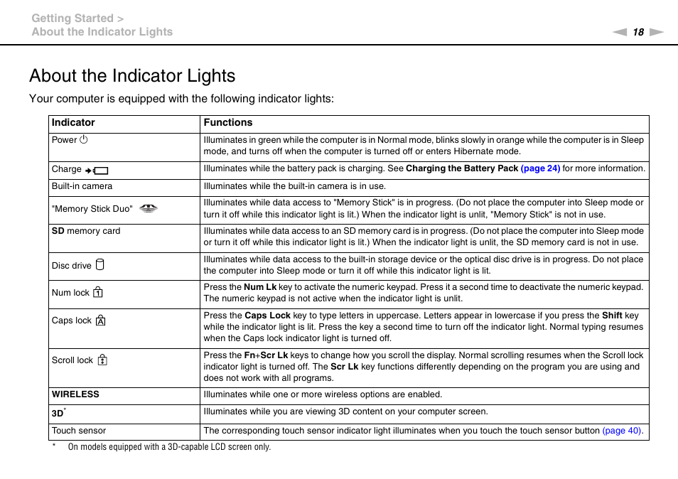 About the indicator lights | Sony VPCF221FX User Manual | Page 18 / 176