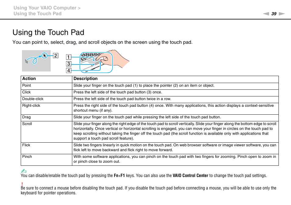 Using the touch pad | Sony VPCF221FX User Manual | Page 39 / 176