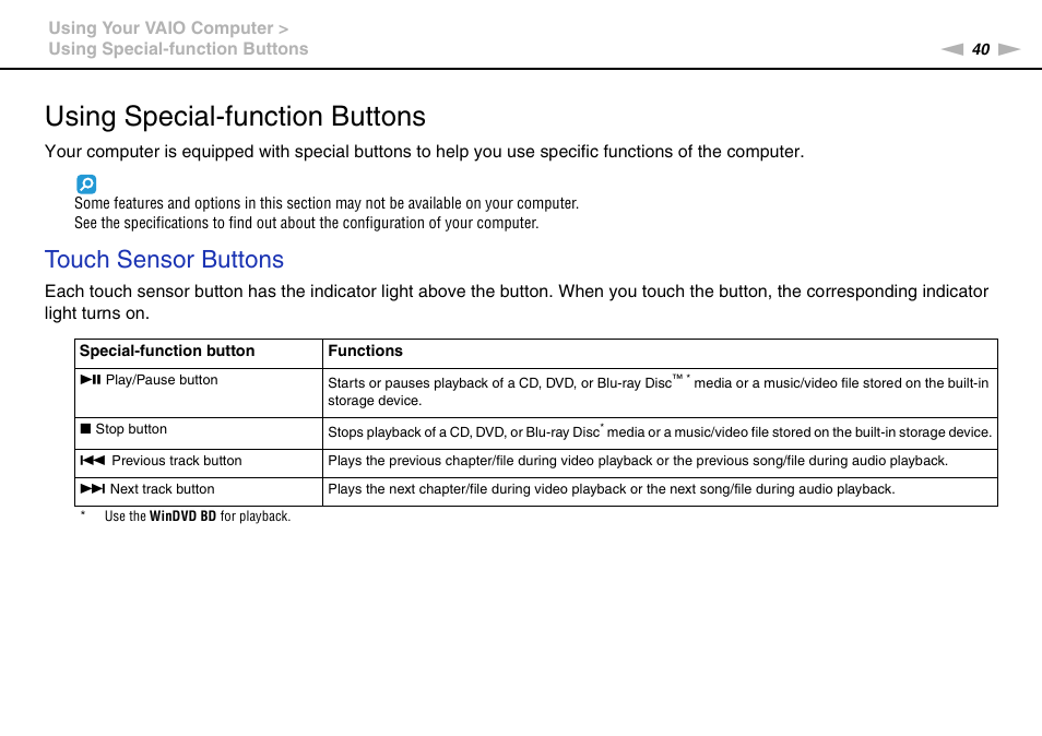 Using special-function buttons, Touch sensor buttons | Sony VPCF221FX User Manual | Page 40 / 176