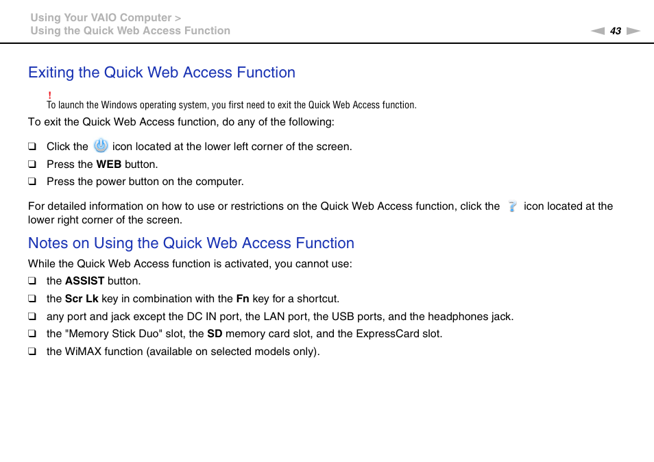 Exiting the quick web access function | Sony VPCF221FX User Manual | Page 43 / 176