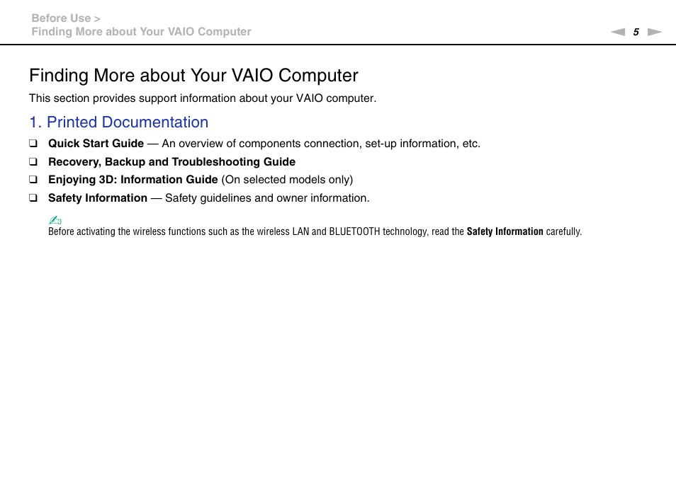 Finding more about your vaio computer, Printed documentation | Sony VPCF221FX User Manual | Page 5 / 176
