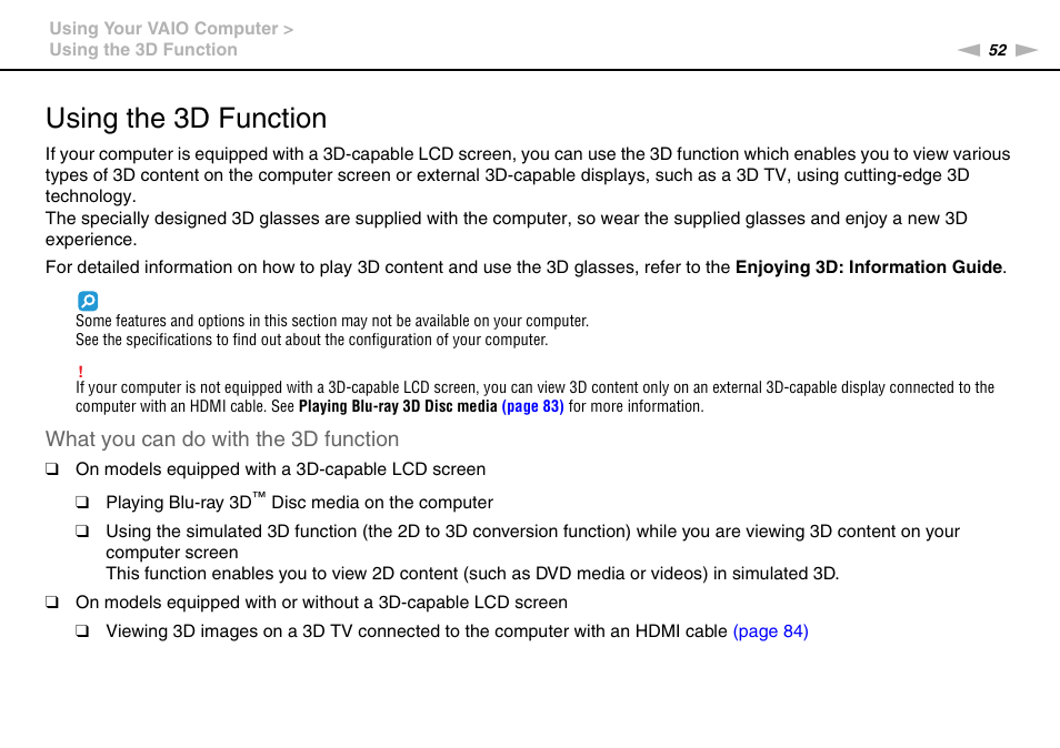 Using the 3d function, What you can do with the 3d function | Sony VPCF221FX User Manual | Page 52 / 176