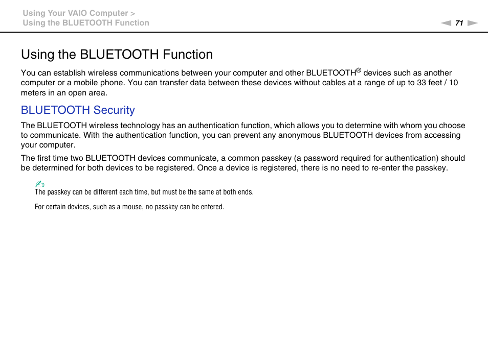 Using the bluetooth function, Bluetooth security | Sony VPCF221FX User Manual | Page 71 / 176