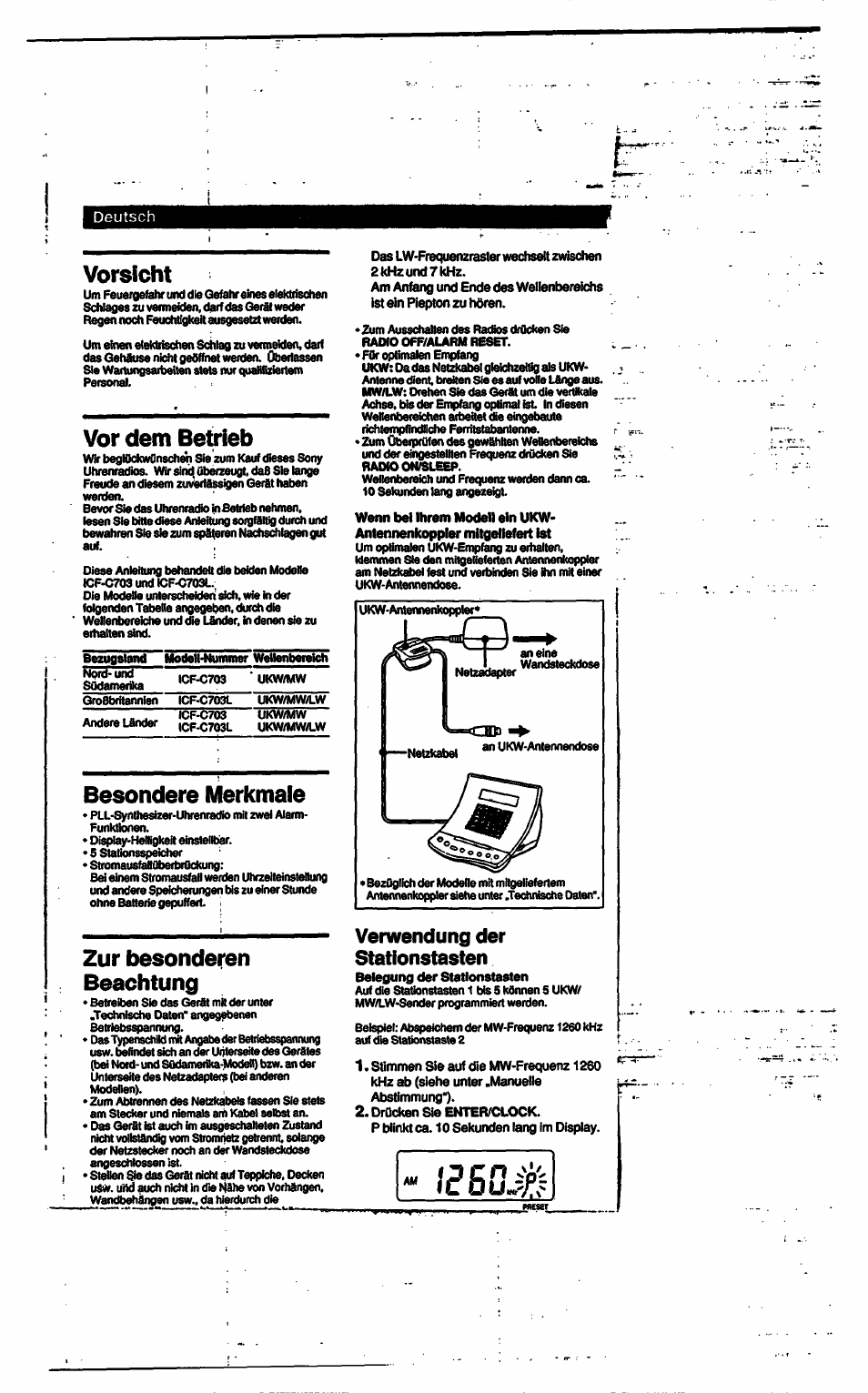 Vorsicht, Vor dem betrieb, Besondere merkmaie | Zur besonderen beachtung, Verwendung der stationstasten | Sony ICF-C703 User Manual | Page 11 / 20