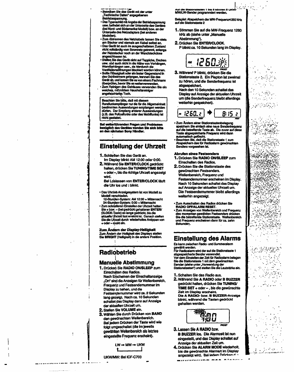 Einstellung der uhrzelt, Radipbetrieb, Einstellung des alarms | Manuelle abstimmung, Lassen sie a radio bzw | Sony ICF-C703 User Manual | Page 12 / 20