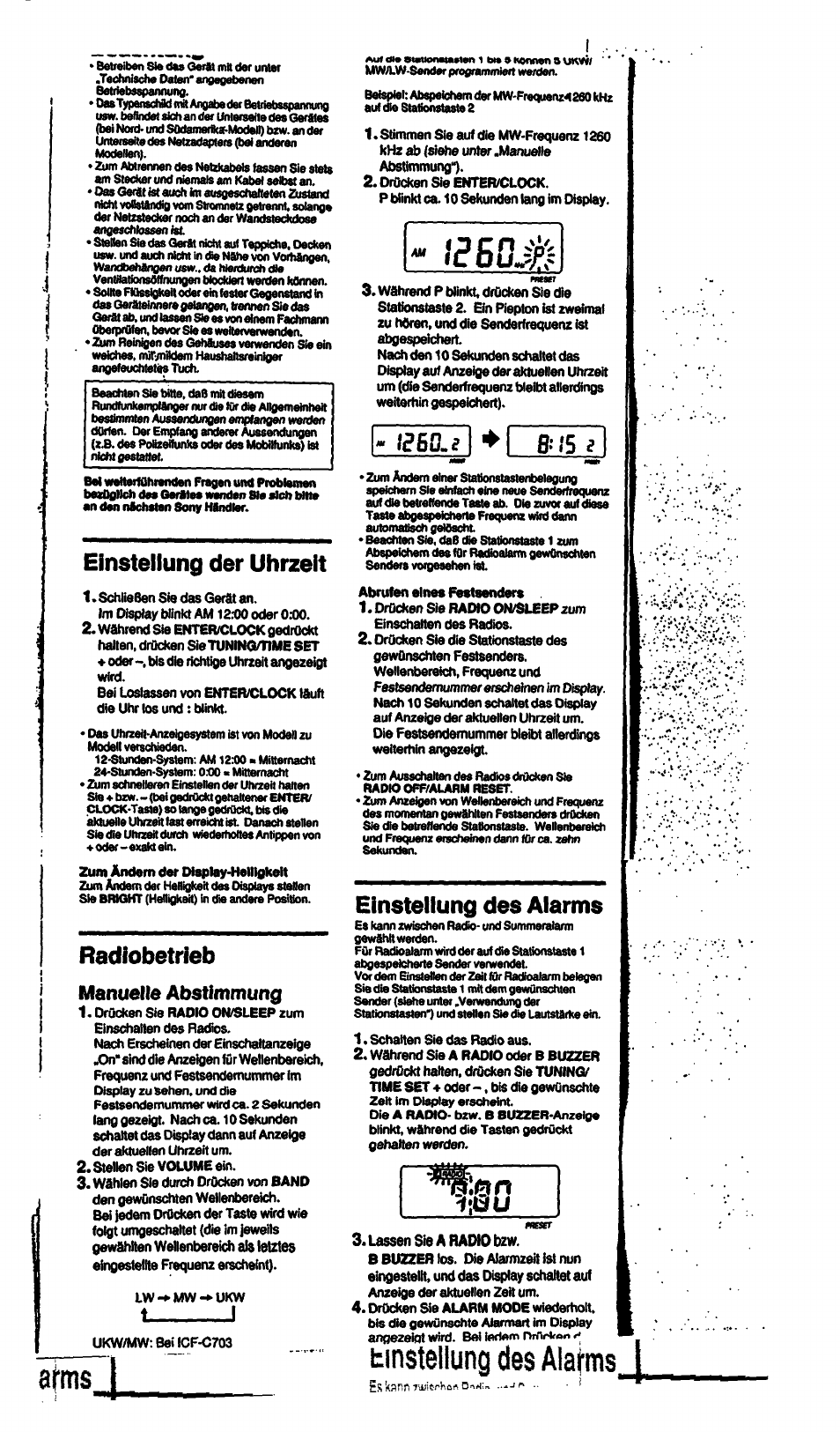 Einstellung der uhrzeit, Radiobetrieb, Einstellung des alarms | Afms, Tinstellung des alafms, T_______ i, Manuelle abstimmung, Andern, Als letztes, Lassen sie a radio bzw | Sony ICF-C703 User Manual | Page 13 / 20