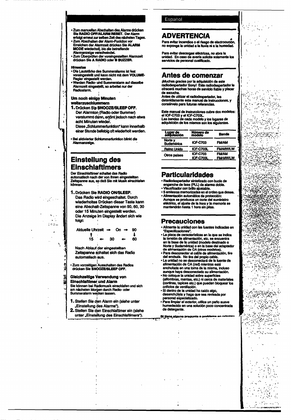 Einstellung des elnschlaftimers, Advertencia, Antes de comenzar | Particularidades, Ttiei, Precauciones, Verwendung | Sony ICF-C703 User Manual | Page 15 / 20