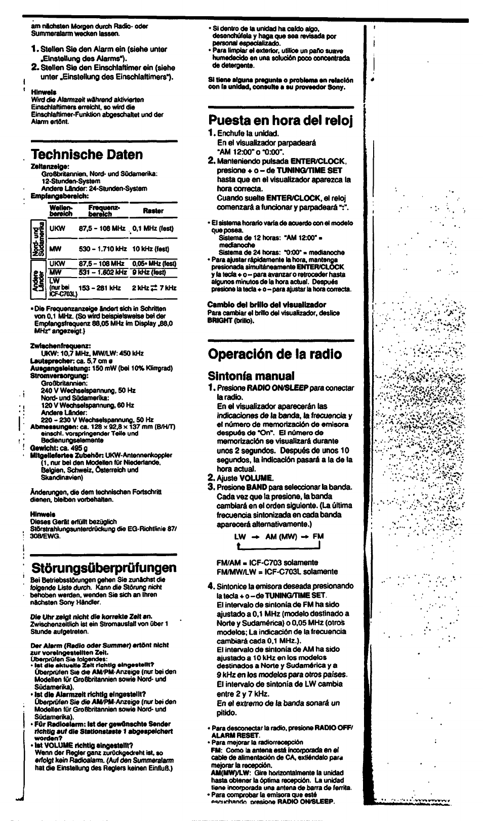 Technische daten, Störungsüberprüfungen, Puesta en hora del reloj | Operación de la radio, T___________ i, Sintonía manual | Sony ICF-C703 User Manual | Page 16 / 20