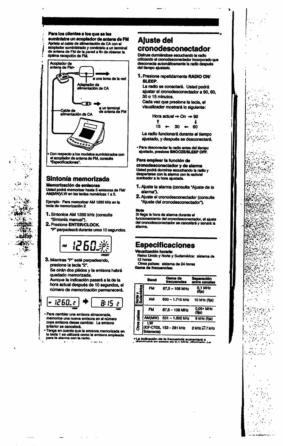 Ajuste del, Cronodesconectador, Especificaciones | Вбрм, Ajuste del cronodesconectador | Sony ICF-C703 User Manual | Page 18 / 20