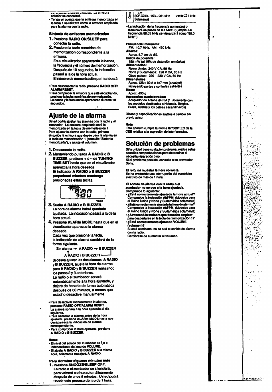 Ajuste de la alarma, Solución de problemas | Sony ICF-C703 User Manual | Page 19 / 20