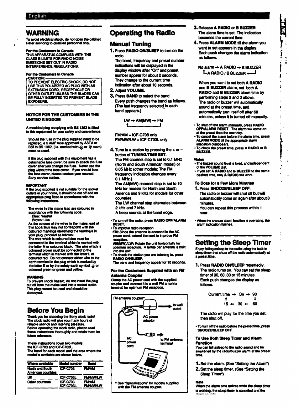 Warning, Before you begin, Operating the radio | Setting the sleep timer, Manual tuning | Sony ICF-C703 User Manual | Page 4 / 20