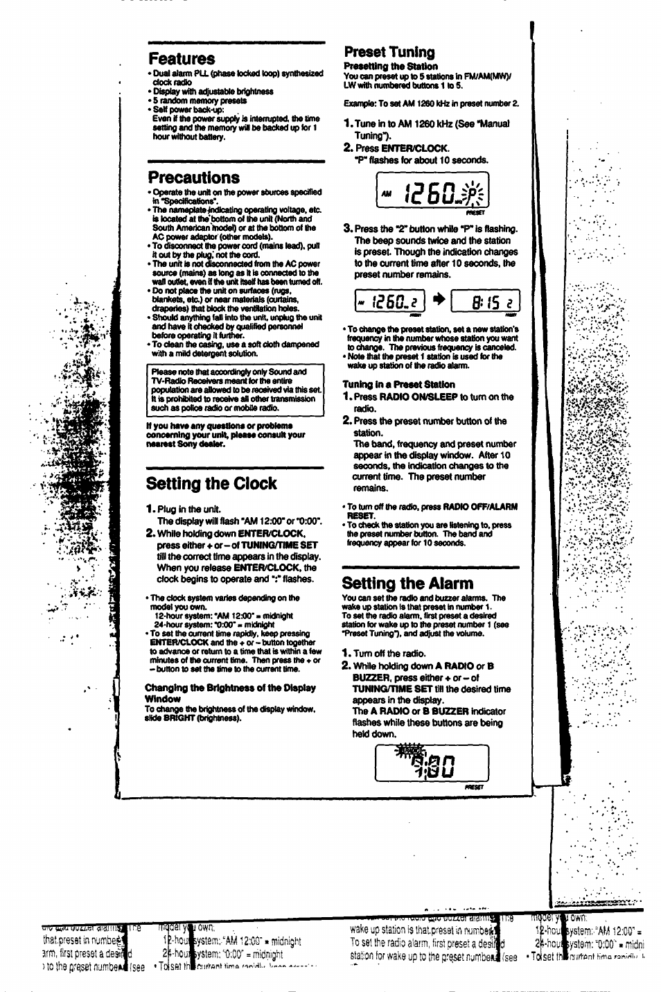 Features, Precautions, Setting the clock | Setting the alarm, Ie bujf, Preset tuning, Iiuu | Sony ICF-C703 User Manual | Page 5 / 20