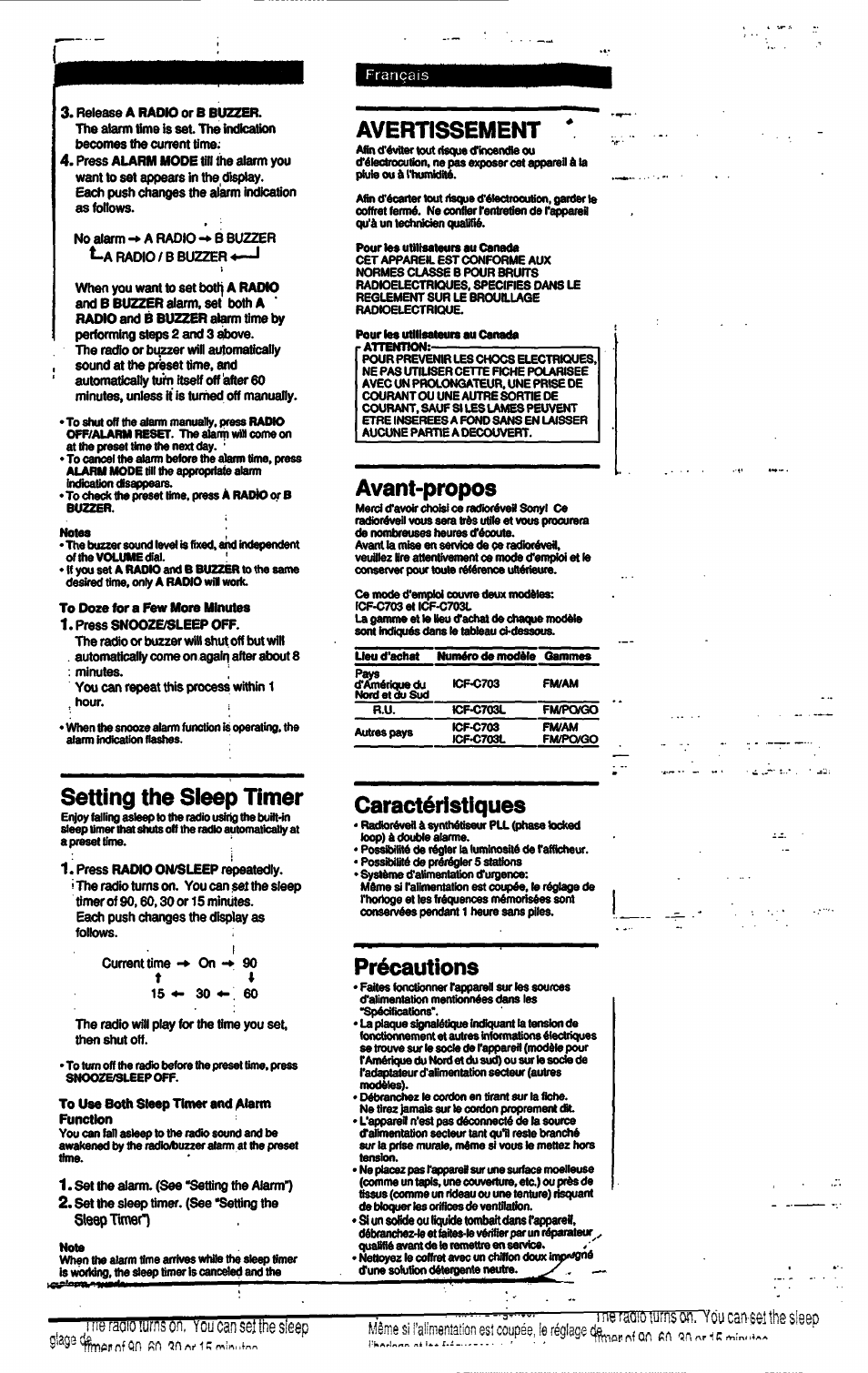 Avertissement, Avant-propos, Précautions | Setting the sleep rmer caractéristiques, Sleep timeo, Crnfqn fifi iññrií тшшпошшлби, The sleep | Sony ICF-C703 User Manual | Page 6 / 20