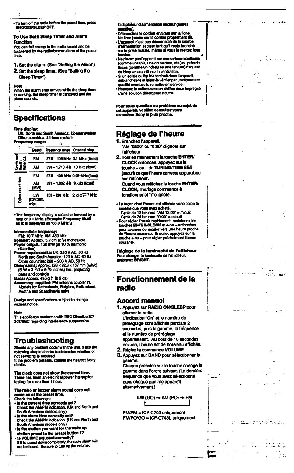 Specifications, Troubieshooting, Réglage de l’heure | Fonctionnement de la radio, T___________i, Accord manuel | Sony ICF-C703 User Manual | Page 7 / 20