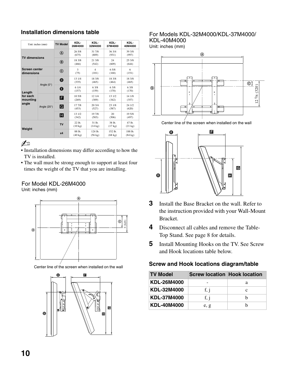 Installation dimensions table | Sony KDL-26M4000 User Manual | Page 10 / 48