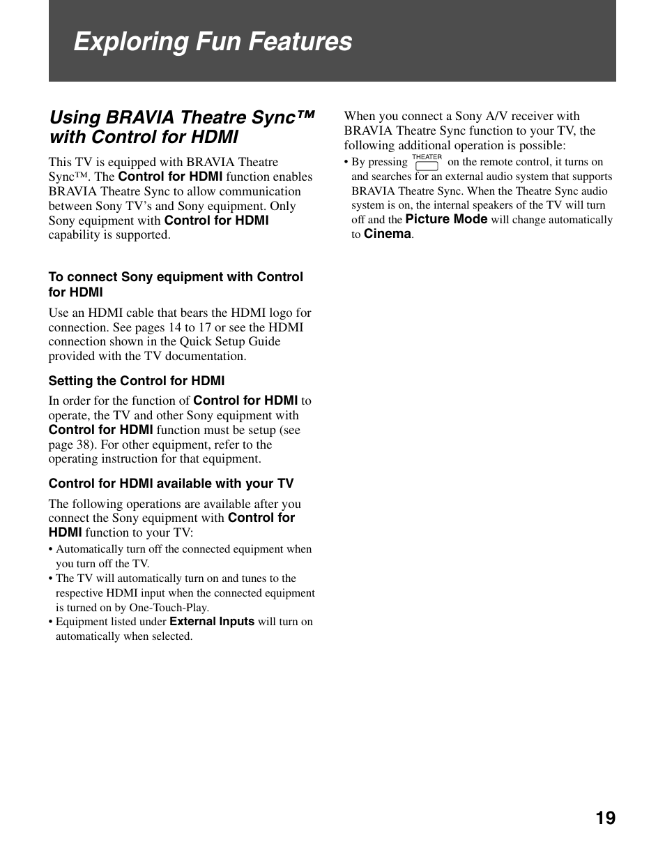 Using bravia theatre sync™ with control for hdmi, Exploring fun features, Using bravia theatre sync™ with | Control for hdmi | Sony KDL-26M4000 User Manual | Page 19 / 48