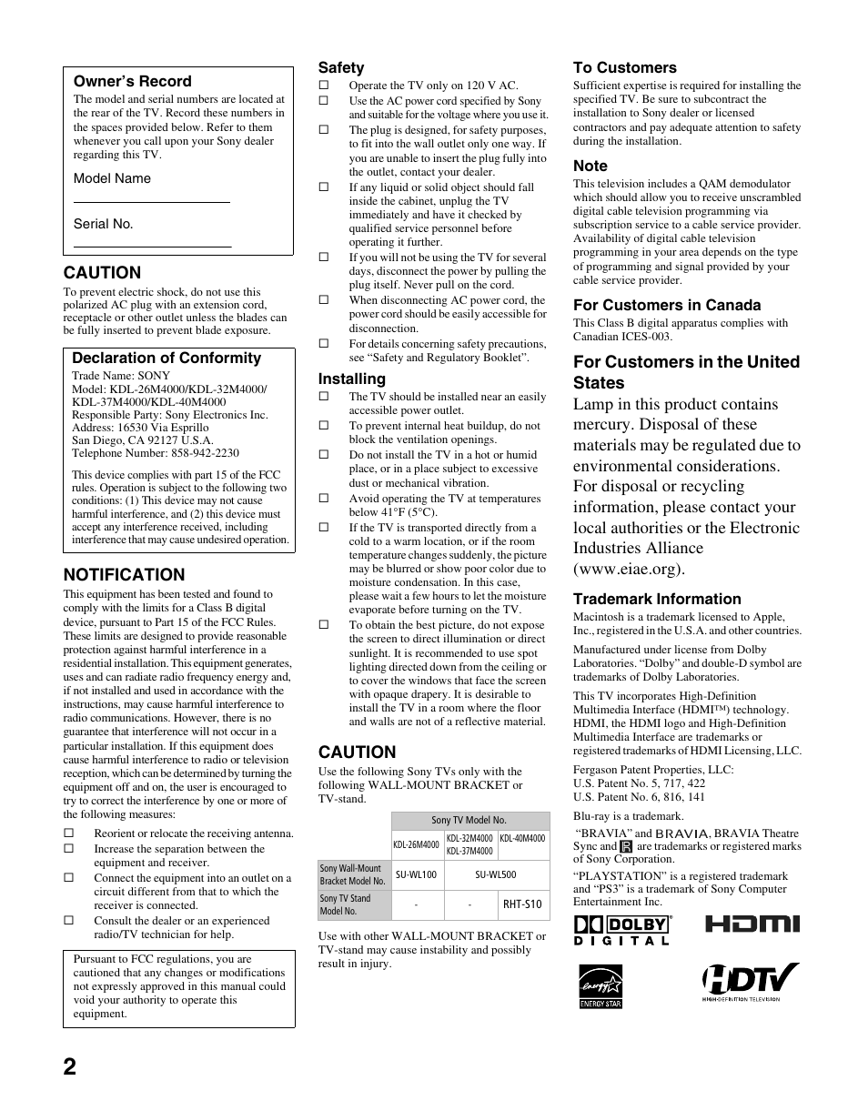 Caution, Notification | Sony KDL-26M4000 User Manual | Page 2 / 48