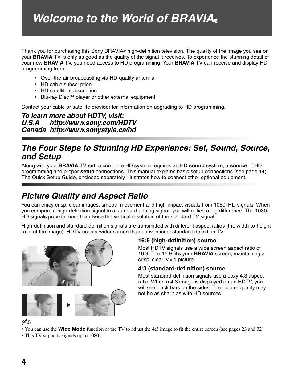 Welcome to the world of bravia, Picture quality and aspect ratio, The four steps to stunning hd experience | Set, sound, source, and setup | Sony KDL-26M4000 User Manual | Page 4 / 48