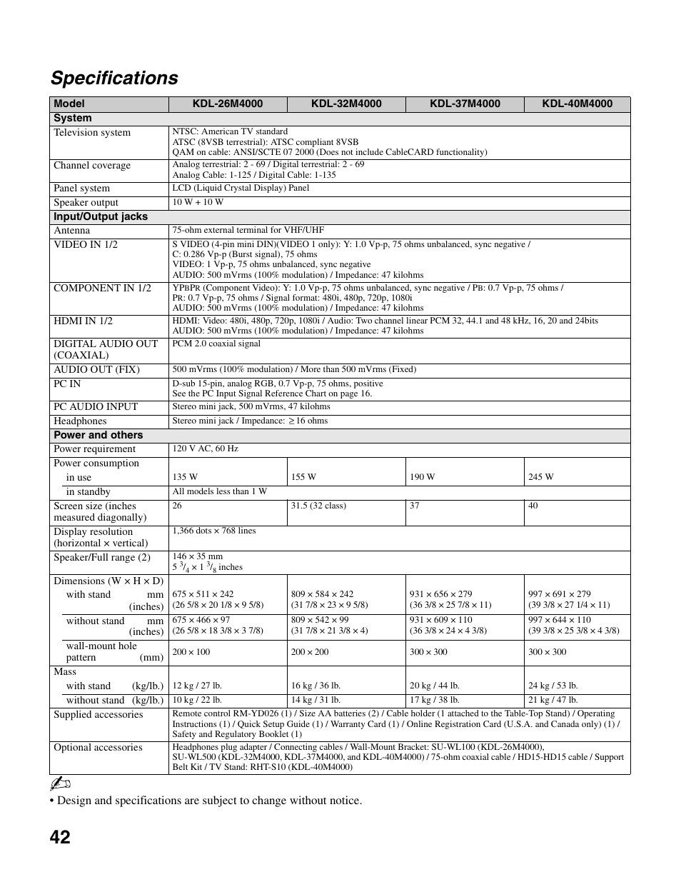 Specifications, 42 specifications | Sony KDL-26M4000 User Manual | Page 42 / 48