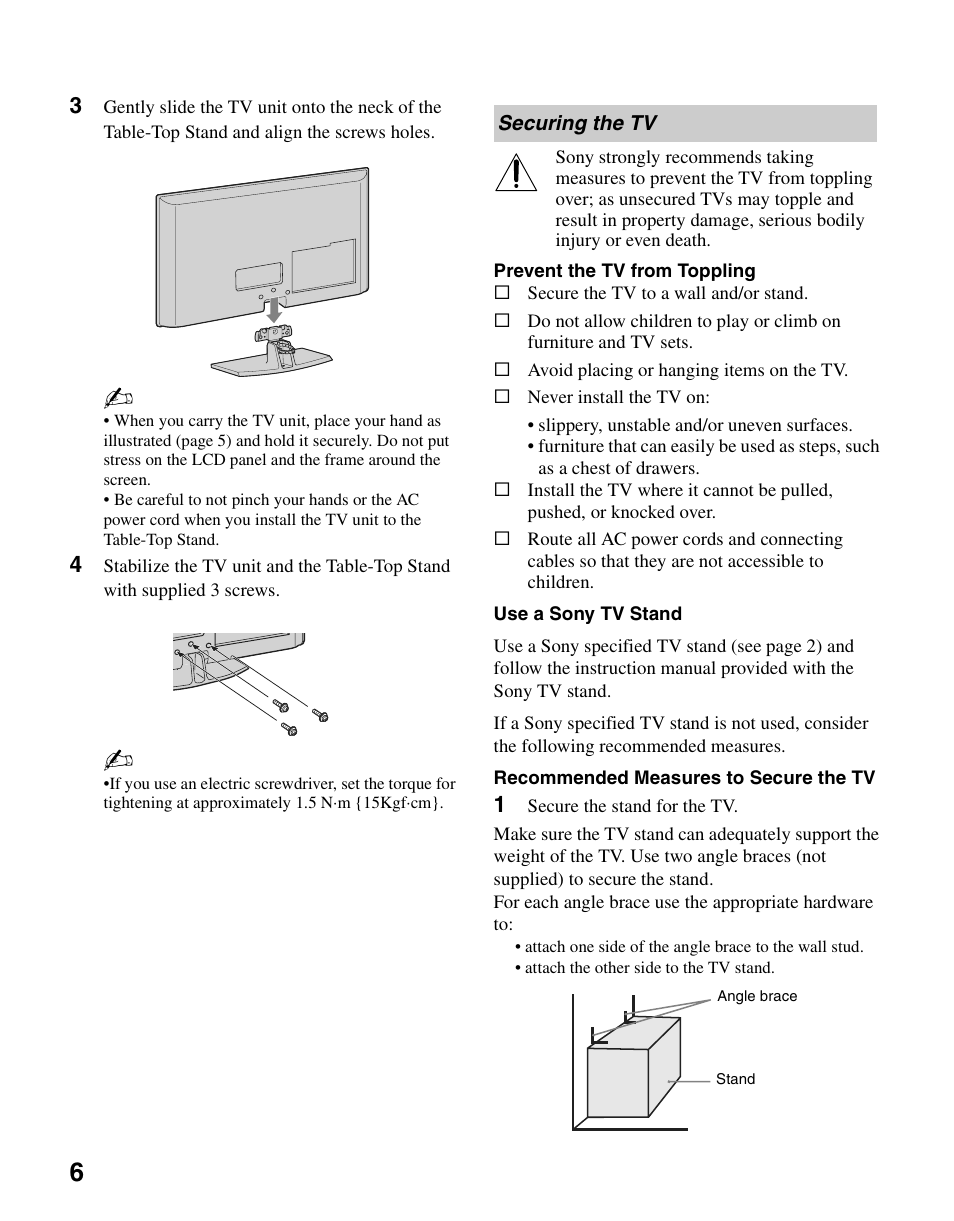 Securing the tv | Sony KDL-26M4000 User Manual | Page 6 / 48