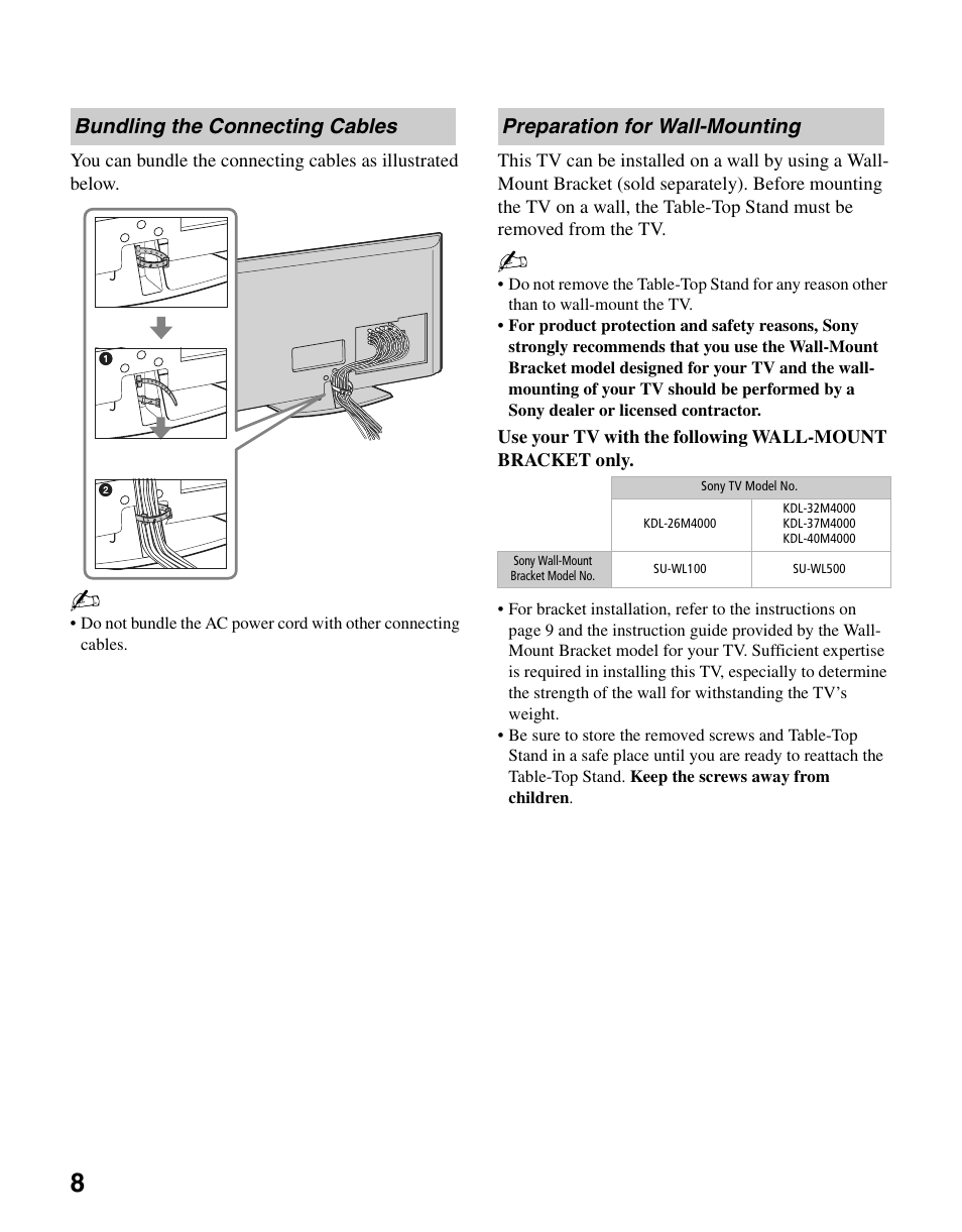 Bundling the connecting cables, Preparation for wall-mounting | Sony KDL-26M4000 User Manual | Page 8 / 48