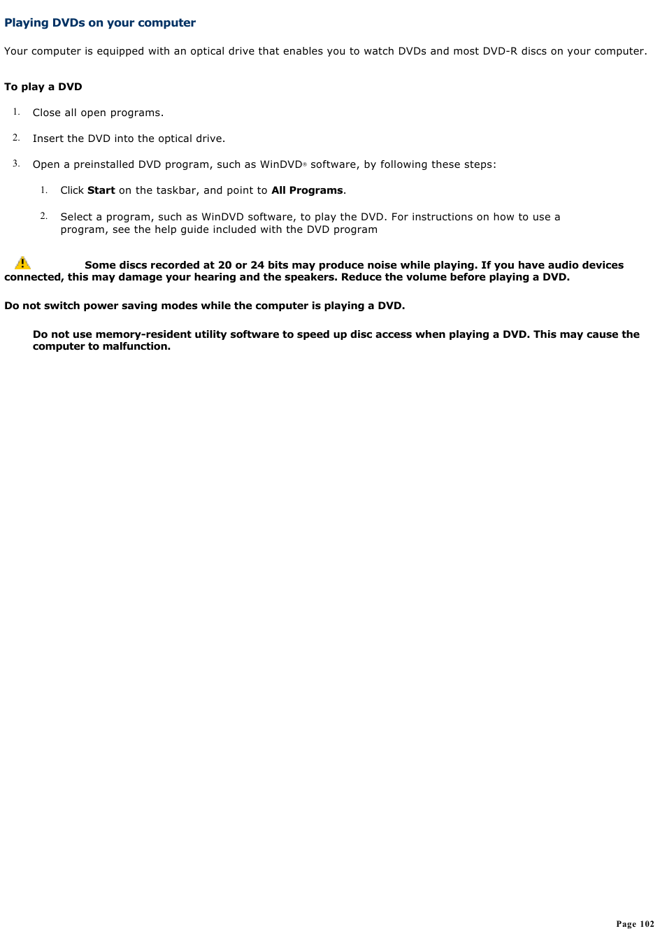 Playing dvds on your computer | Sony VGN-A190 User Manual | Page 102 / 315