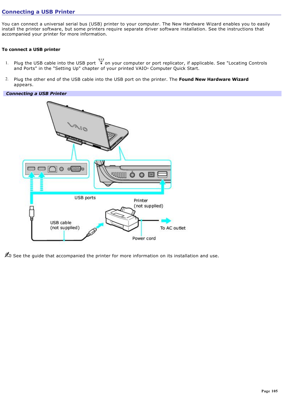 Connecting a usb printer | Sony VGN-A190 User Manual | Page 105 / 315