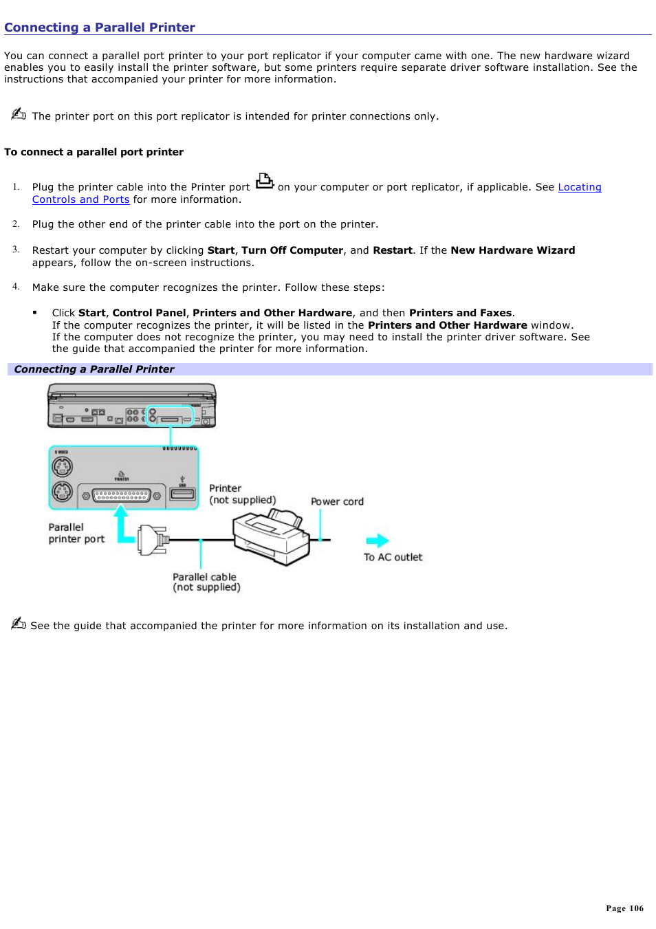 Connecting a parallel printer | Sony VGN-A190 User Manual | Page 106 / 315