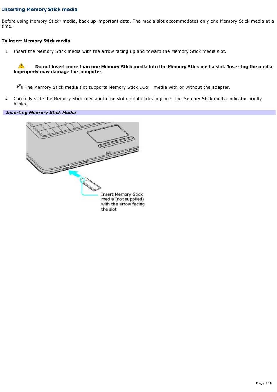 Inserting memory stick media | Sony VGN-A190 User Manual | Page 110 / 315