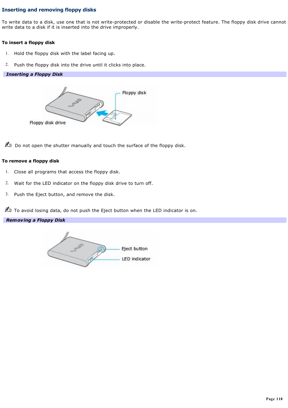 Inserting and removing floppy disks | Sony VGN-A190 User Manual | Page 118 / 315