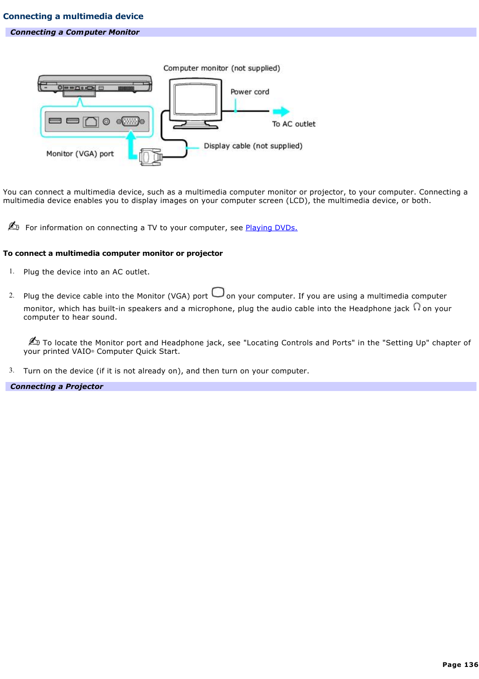 Connecting a multimedia device | Sony VGN-A190 User Manual | Page 136 / 315