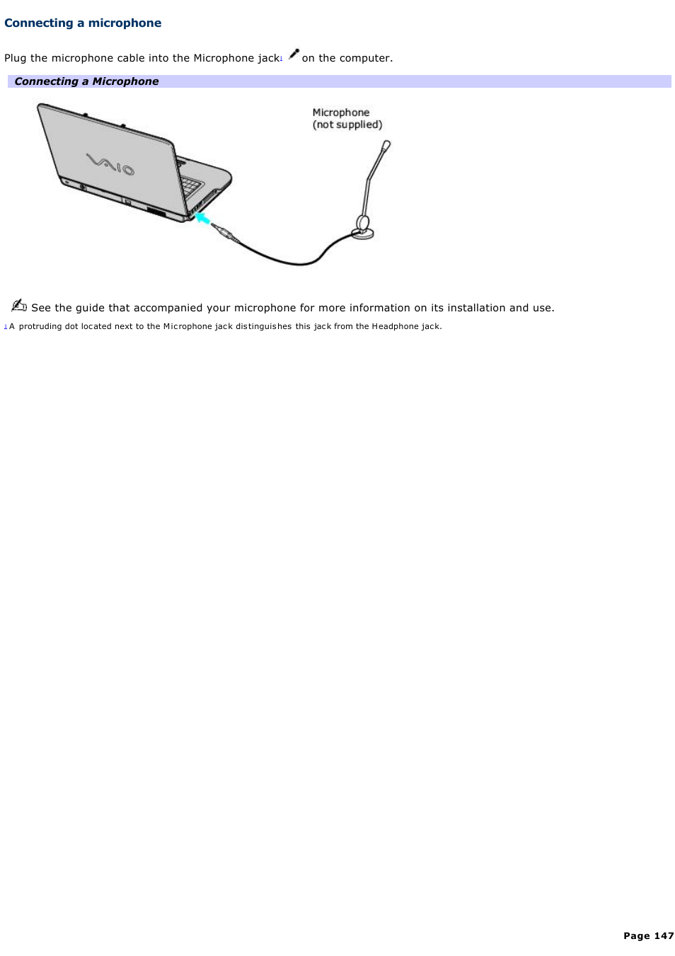 Connecting a microphone | Sony VGN-A190 User Manual | Page 147 / 315