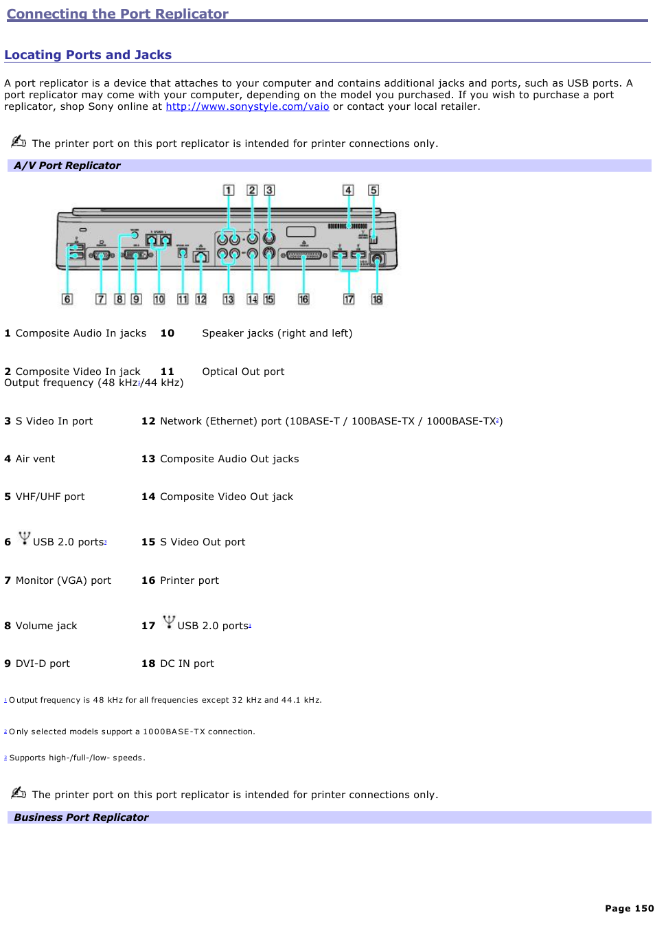 Connecting the port replicator, Locating ports and jacks | Sony VGN-A190 User Manual | Page 150 / 315