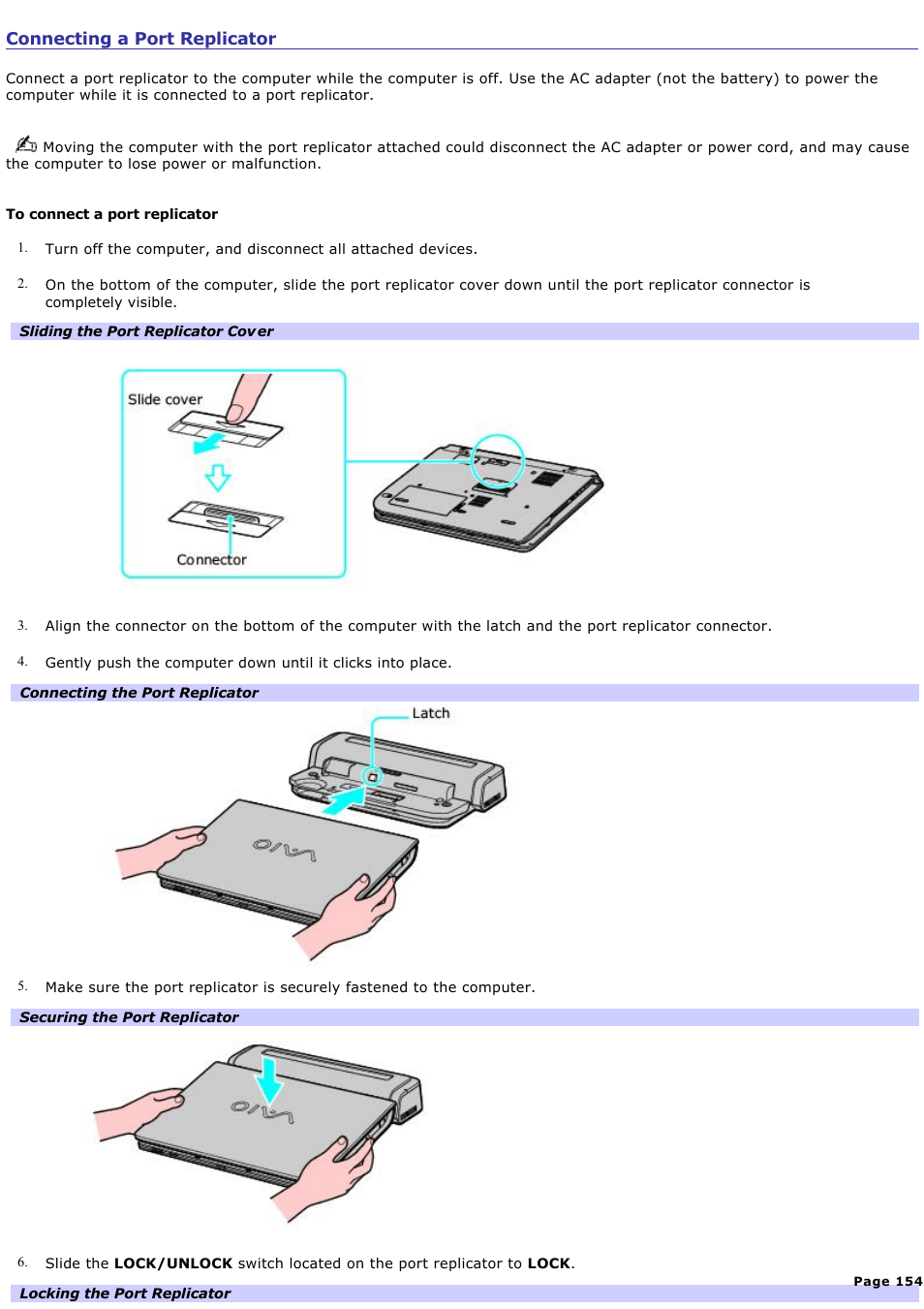 Connecting a port replicator | Sony VGN-A190 User Manual | Page 154 / 315