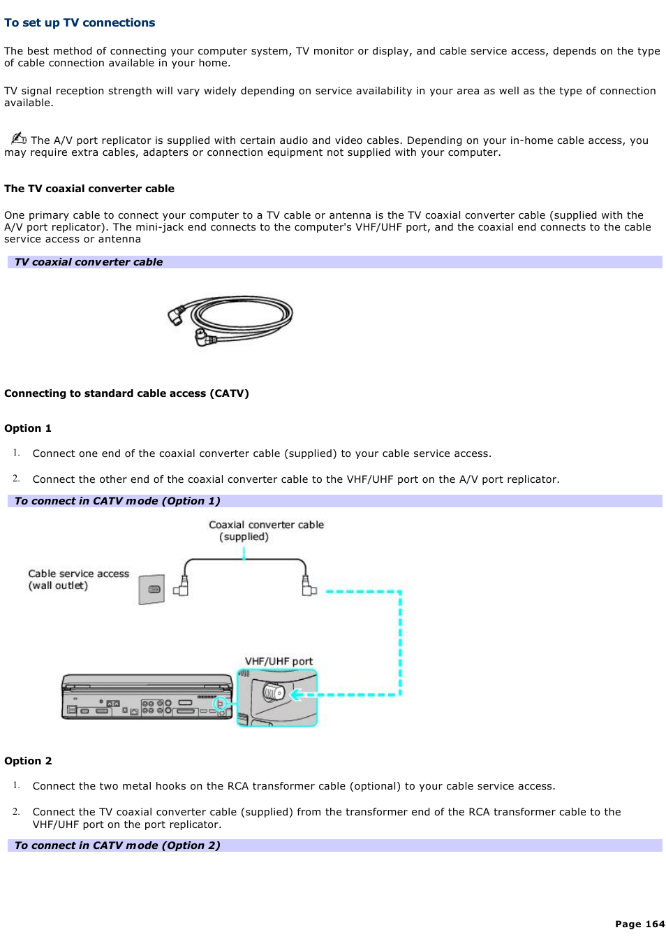 To set up tv connections | Sony VGN-A190 User Manual | Page 164 / 315