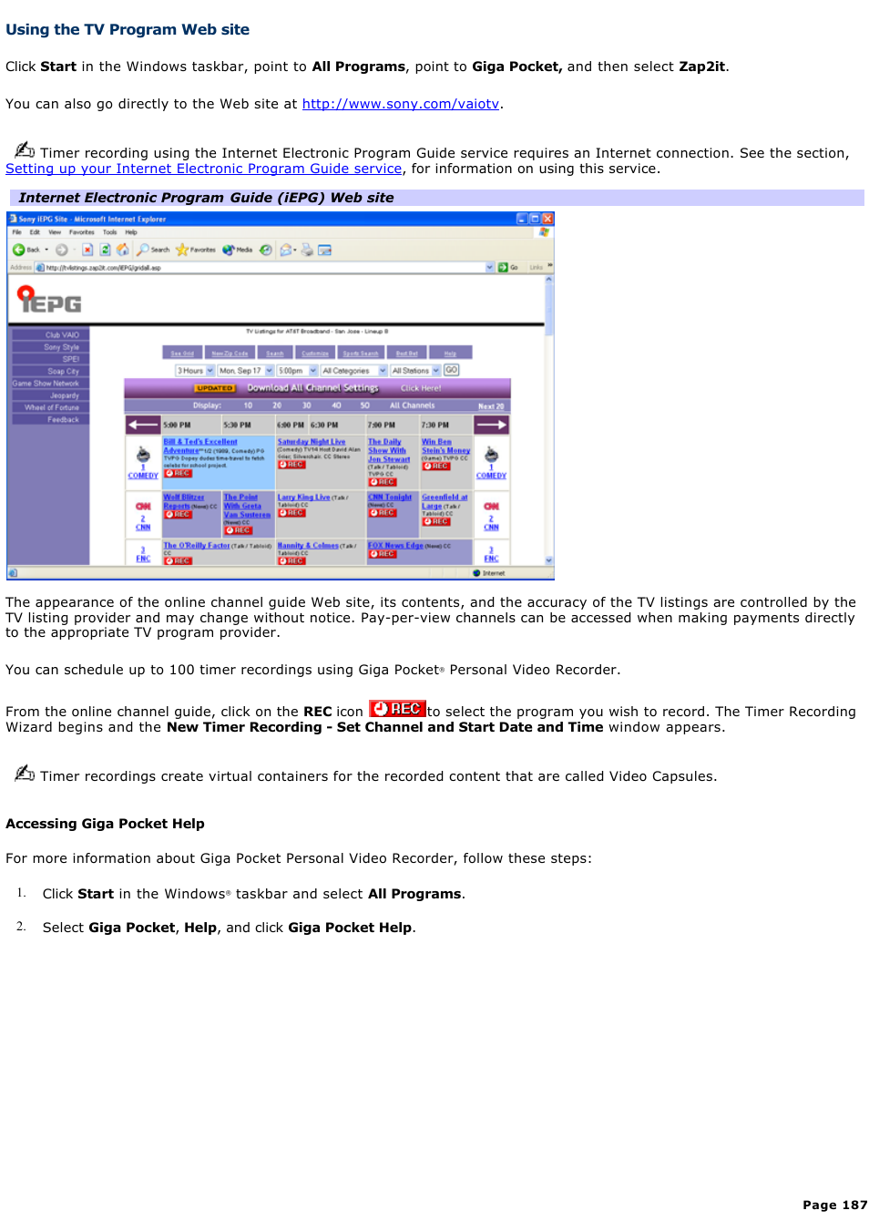 Using the tv program web site | Sony VGN-A190 User Manual | Page 187 / 315
