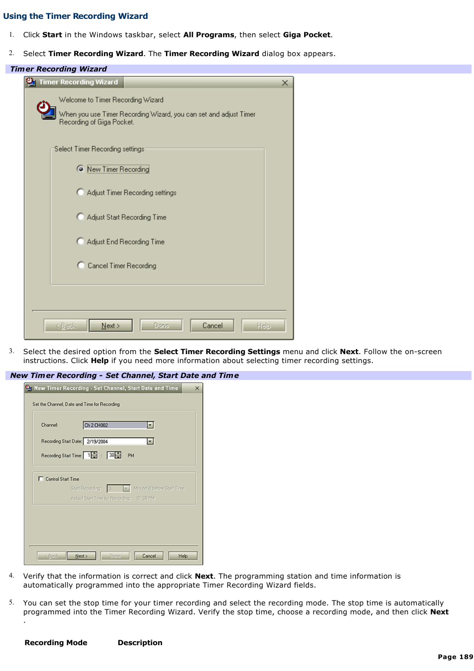 Using the timer recording wizard | Sony VGN-A190 User Manual | Page 189 / 315