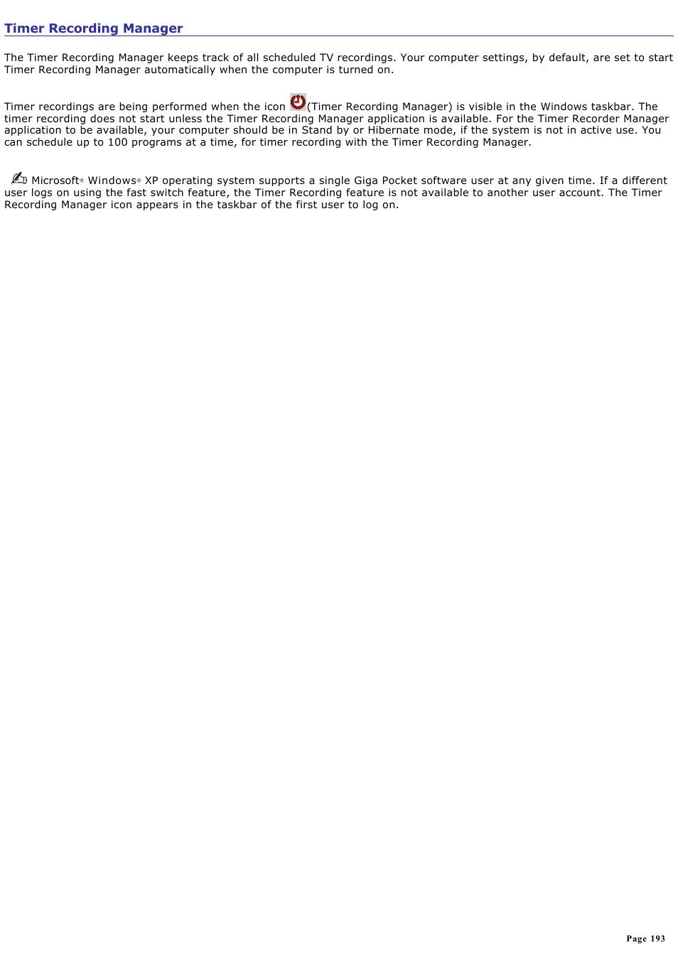 Timer recording manager | Sony VGN-A190 User Manual | Page 193 / 315