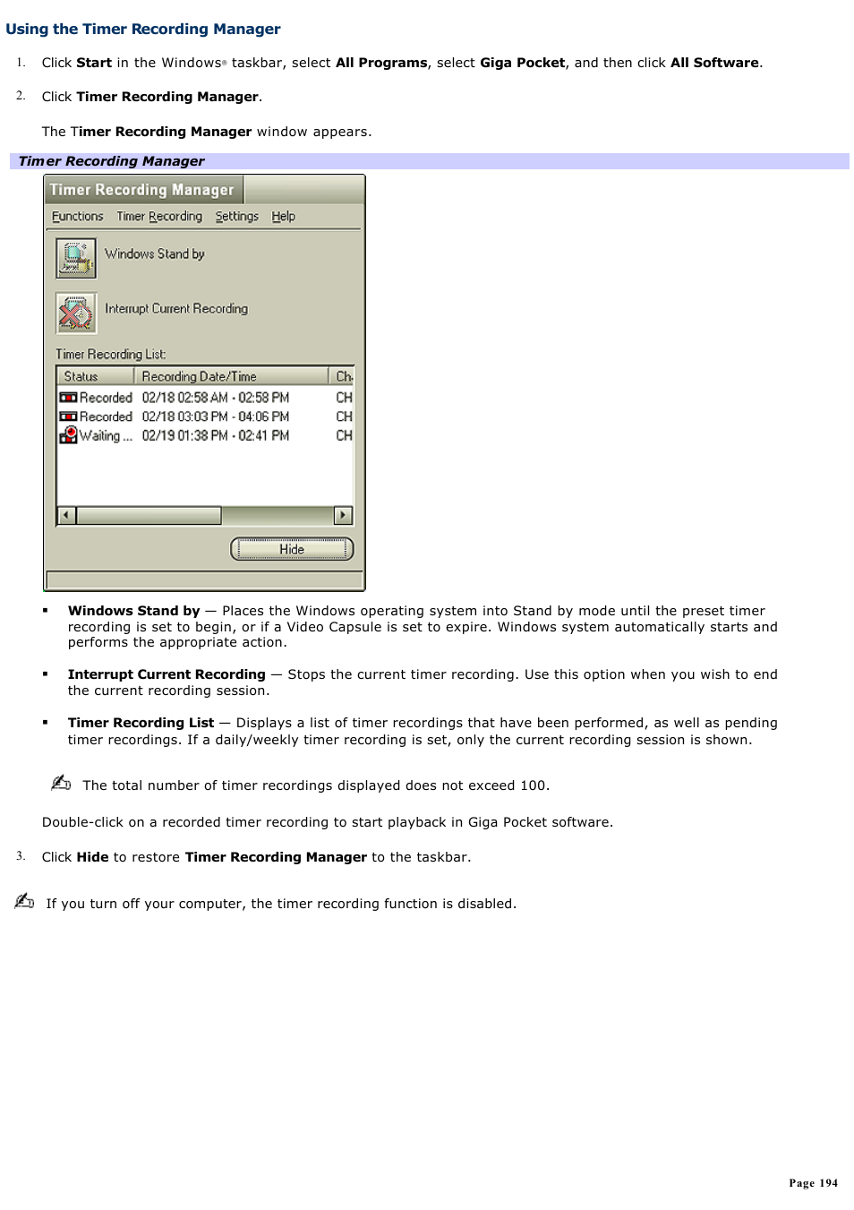 Using the timer recording manager | Sony VGN-A190 User Manual | Page 194 / 315