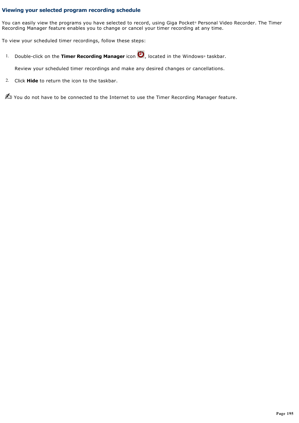 Viewing your selected program recording schedule | Sony VGN-A190 User Manual | Page 195 / 315