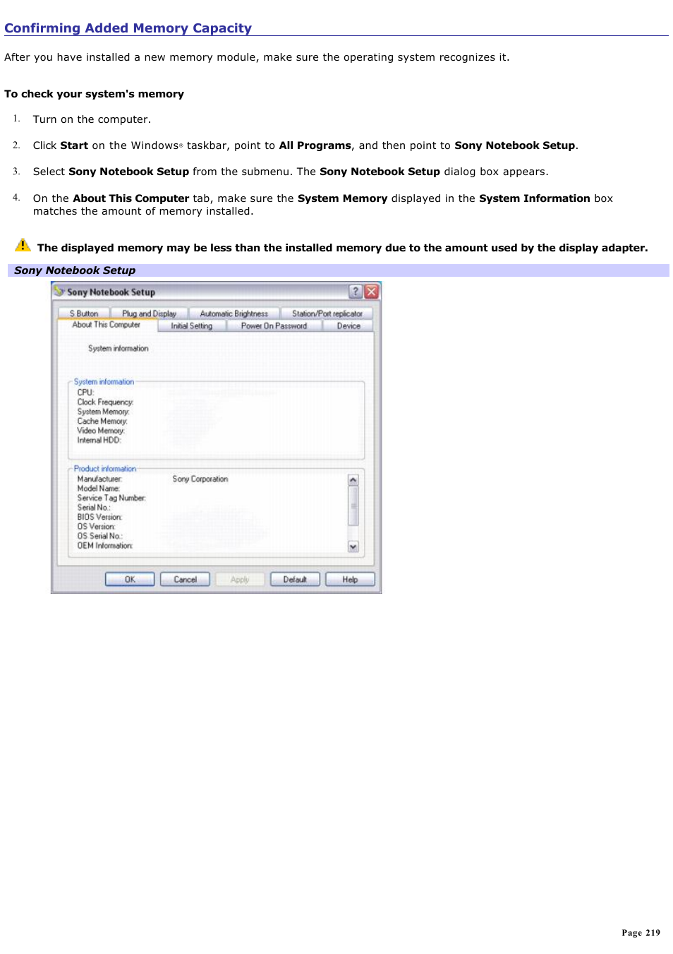 Confirming added memory capacity | Sony VGN-A190 User Manual | Page 219 / 315