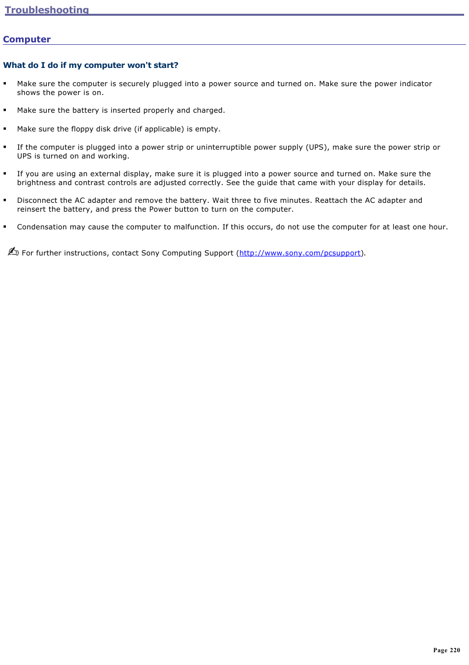 Troubleshooting | Sony VGN-A190 User Manual | Page 220 / 315