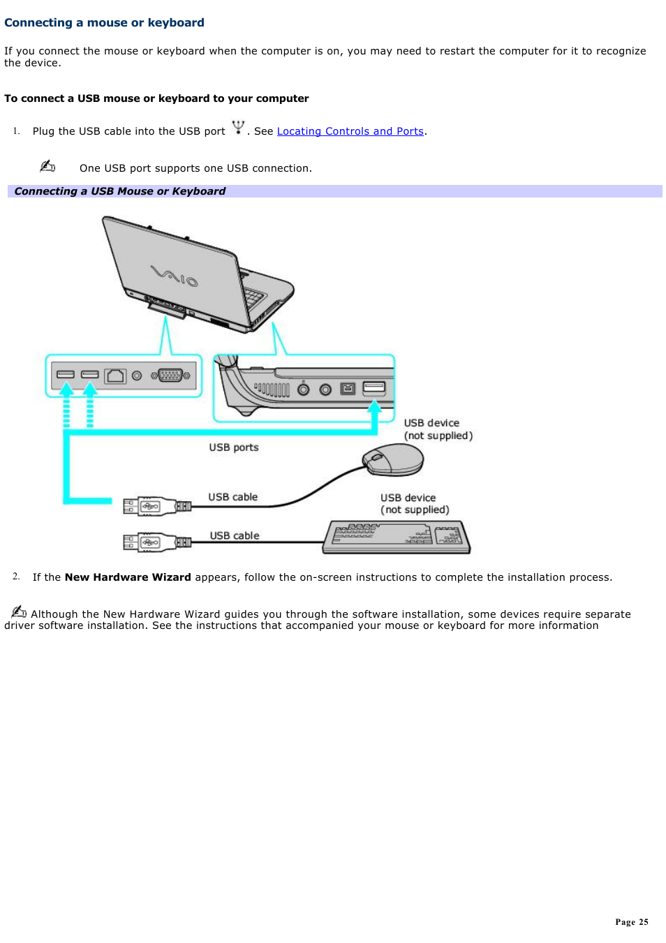 Connecting a mouse or keyboard | Sony VGN-A190 User Manual | Page 25 / 315