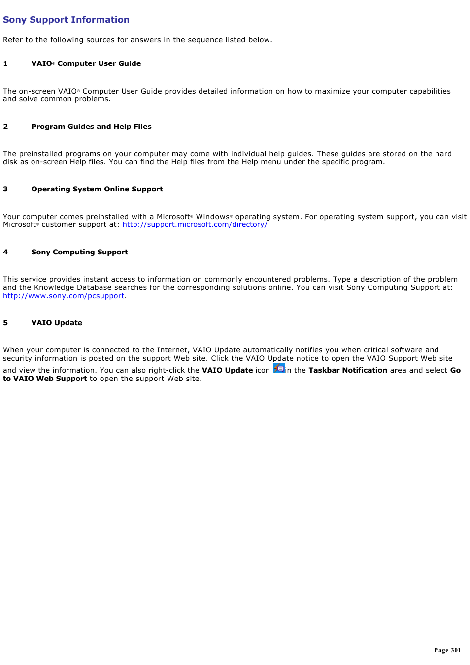 Sony support information | Sony VGN-A190 User Manual | Page 301 / 315